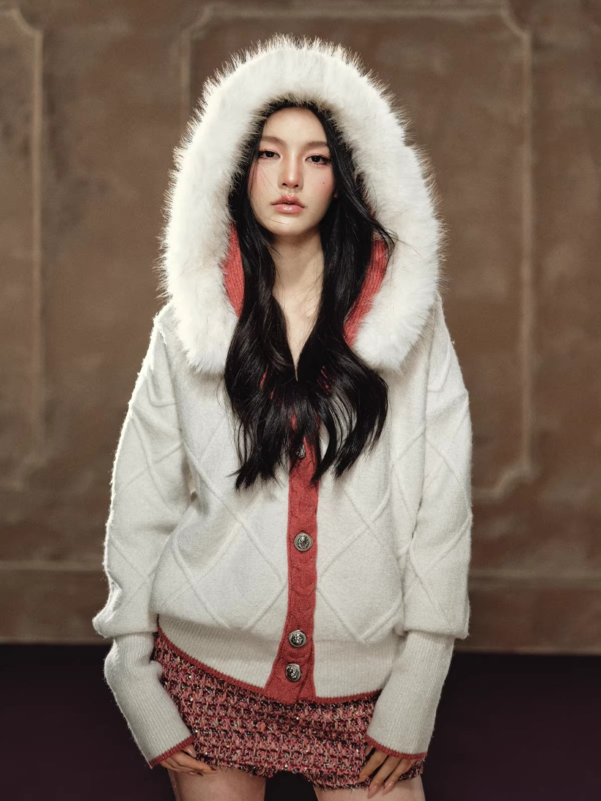 Chunky Knit Diamond Pattern Hooded Cardigan