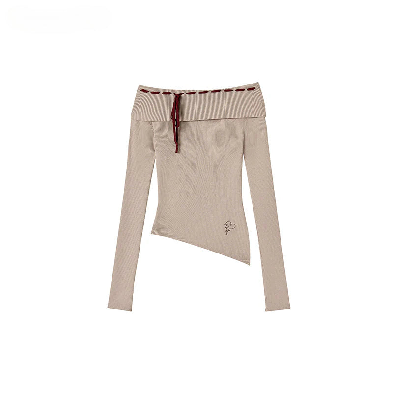 Black & Brown Off-shoulder Knitted Long Sleeve T-shirt