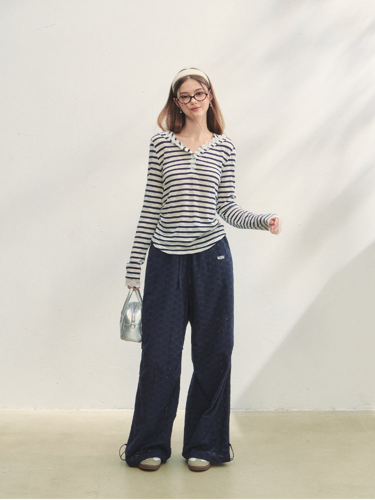 Hollow Embroidery Tie-up Casual Pants