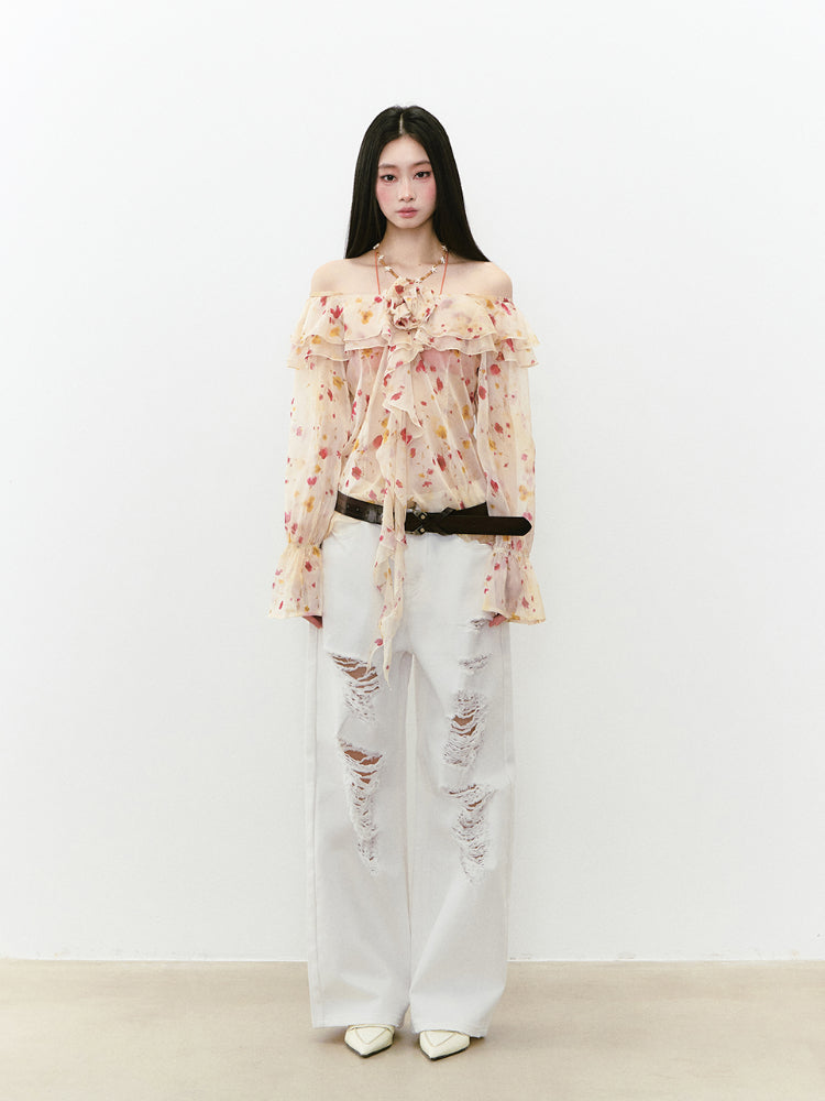 White Rhinestones Ripped Jeans