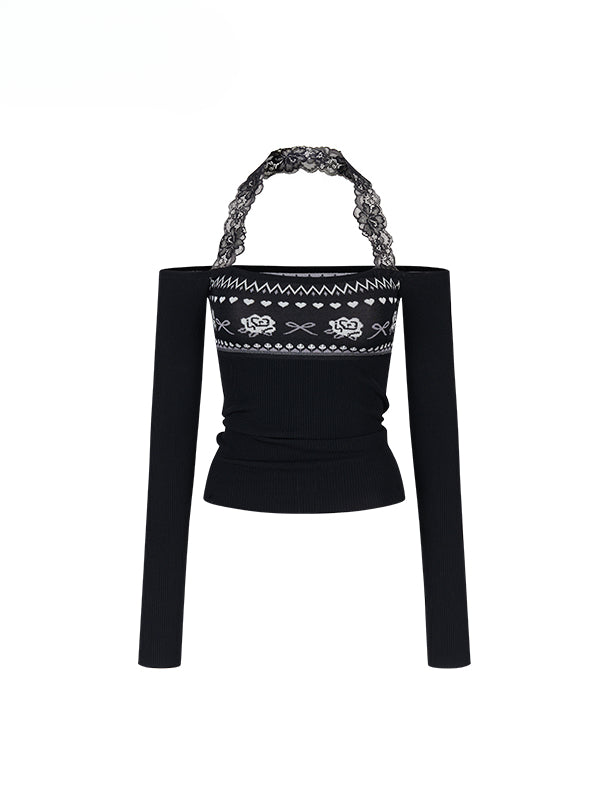 Lace Halter Two-way One-shoulder Sweater