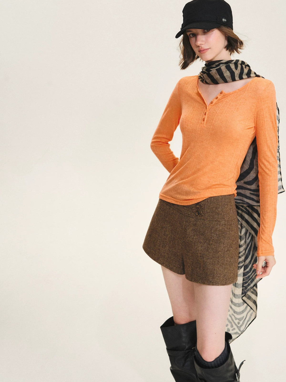 Ribbed Henley Long Sleeve Top