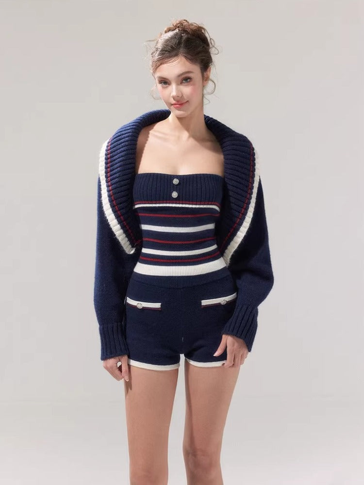 Navy Blue Striped Oversized Collar Knit Cardigan and Pants Set