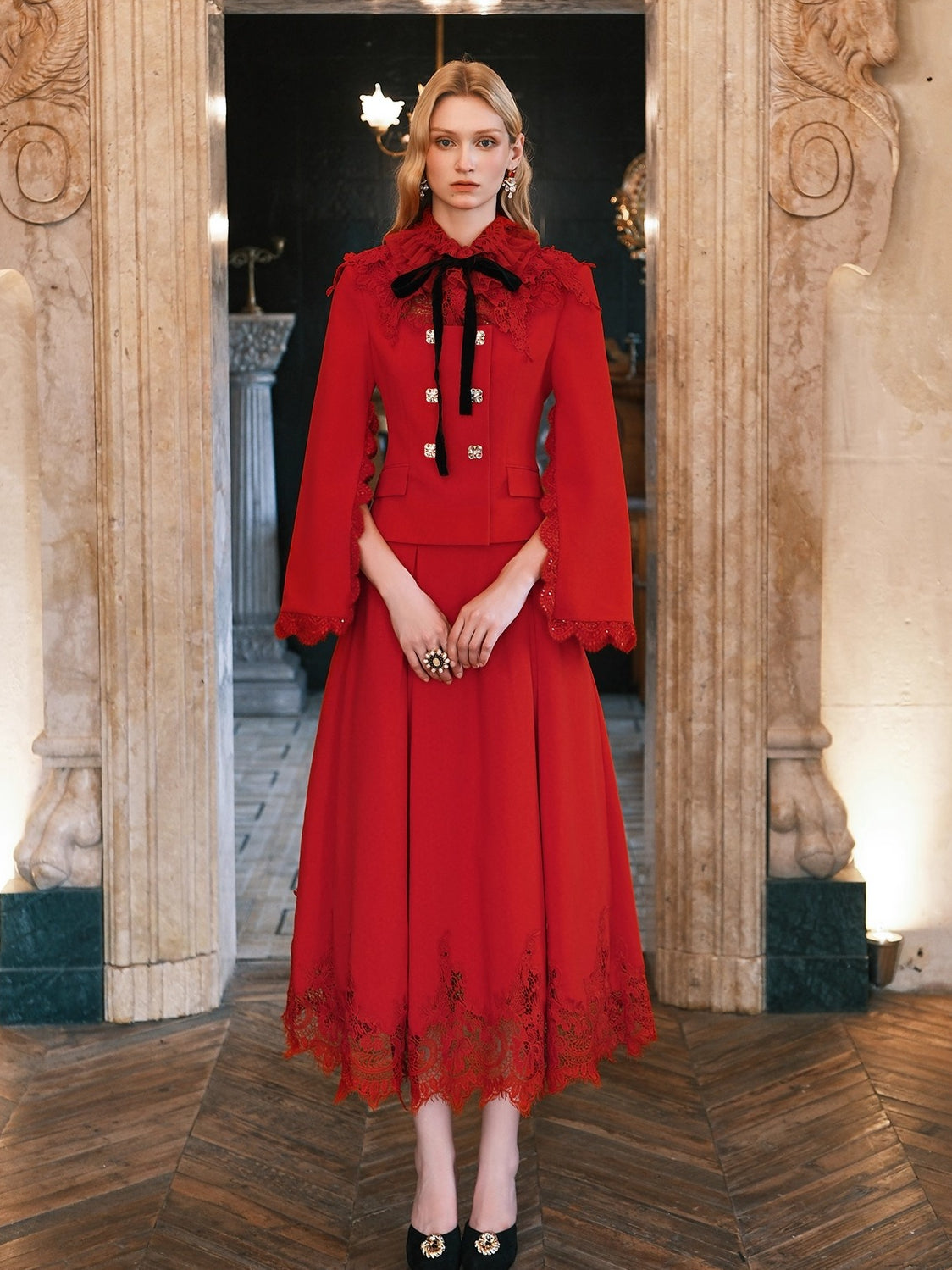 Mirage Vintage Lace-Collar Blazer & Flared Skirt Set