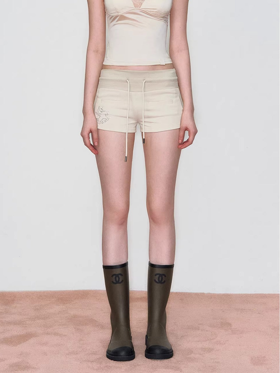 Embroidered Rhinestones Hoodie & Shorts Set