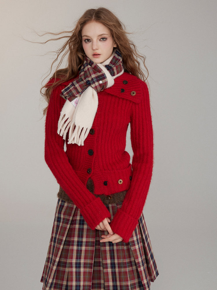 Patchwork Button Wool Pleated Skirt