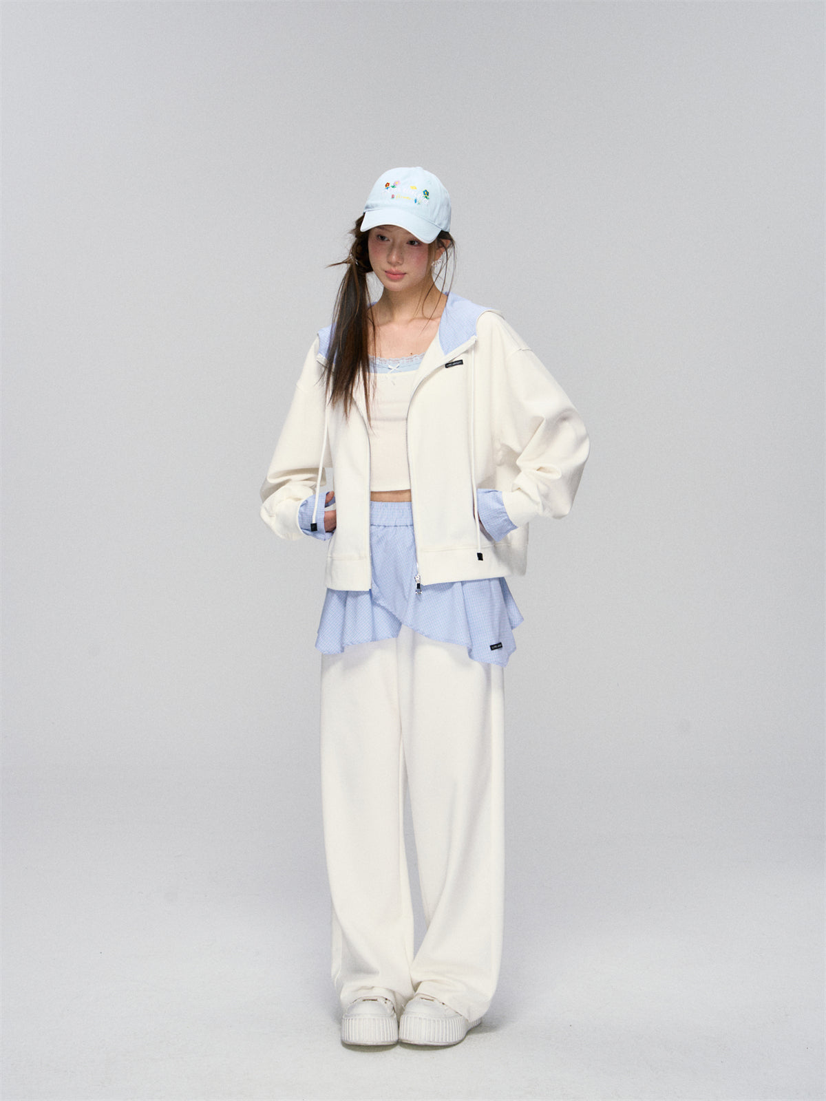 White Plaid Panel Hoodie & Pants Set