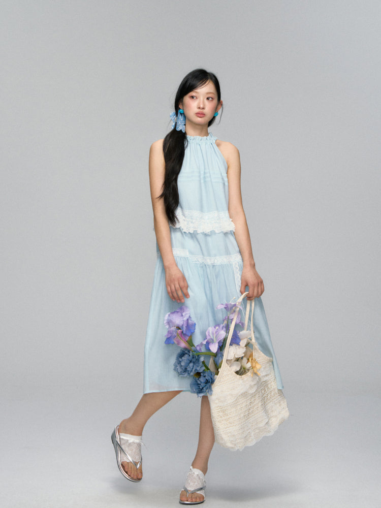 Halter Off-shoulder Lace-trimmed Dress