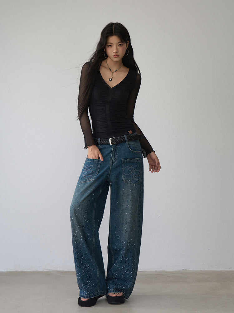 V-Neck Ruffled Mesh Slim Long-Sleeve Blouse