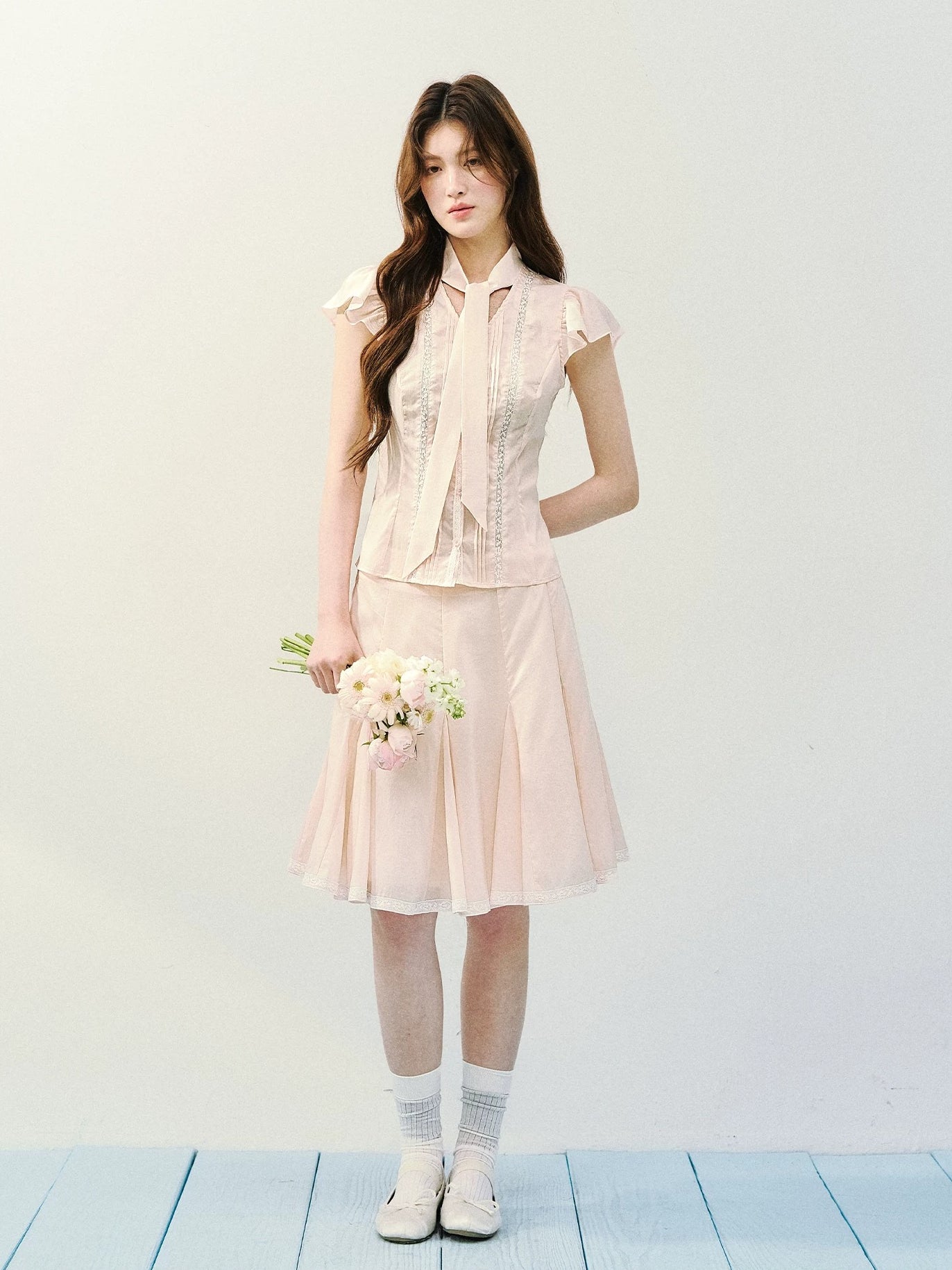 Silk Tie Blouse & Skirt Set