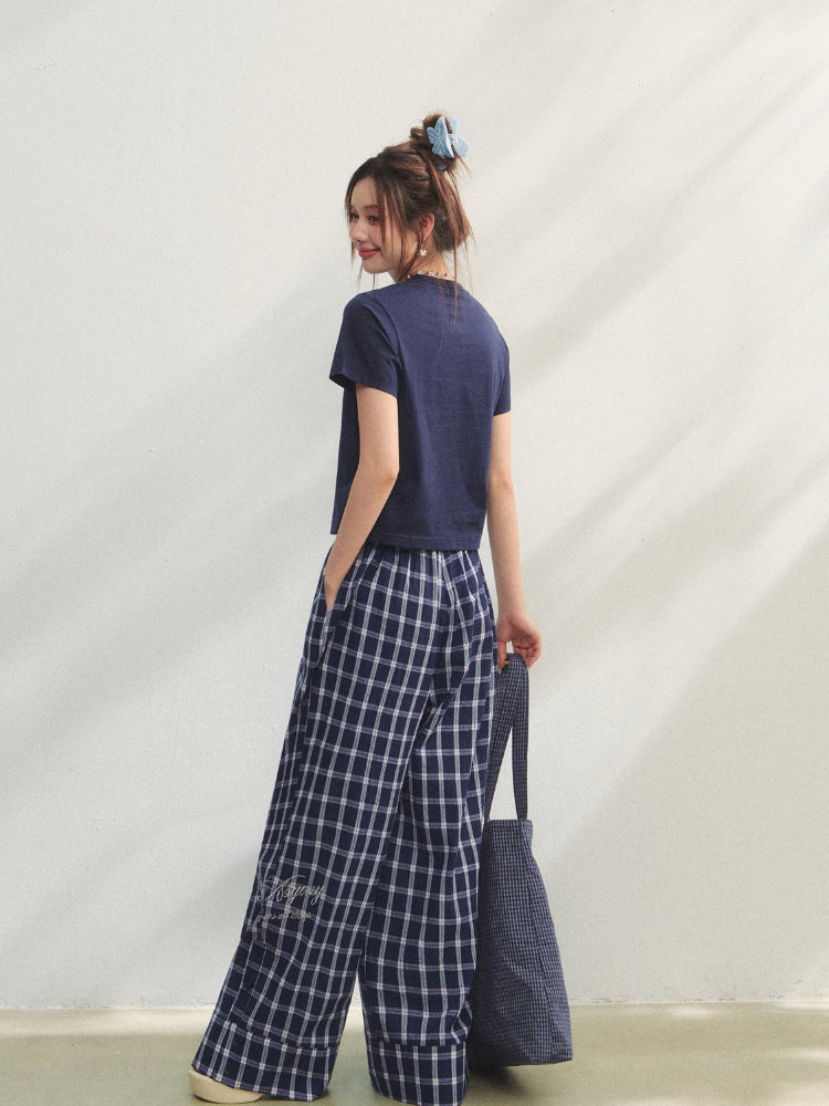 Checkered Strappy Rhinestone Turn-Up Straight-Leg Pants