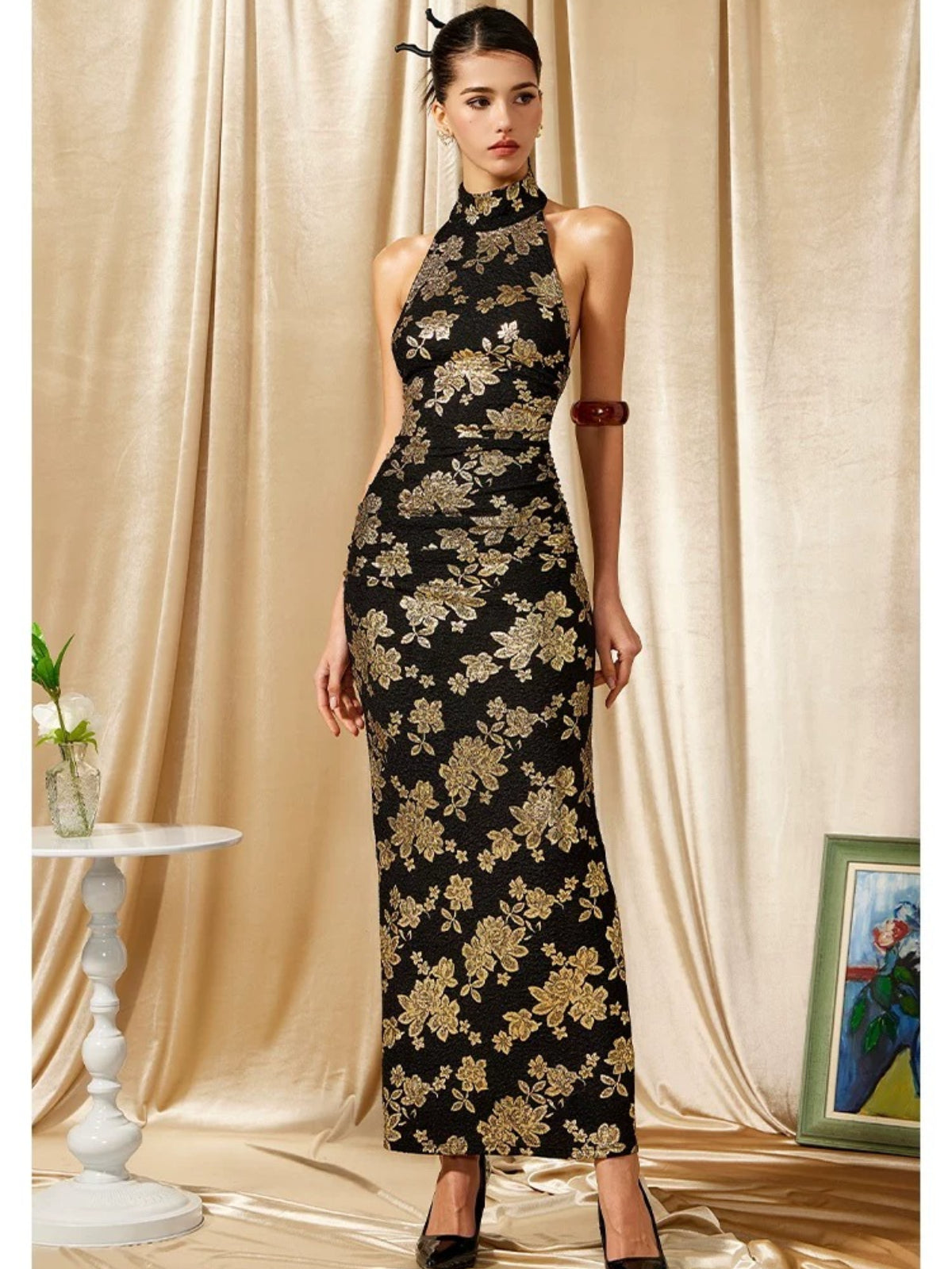 Black Gold Halter Qipao Evening Dress