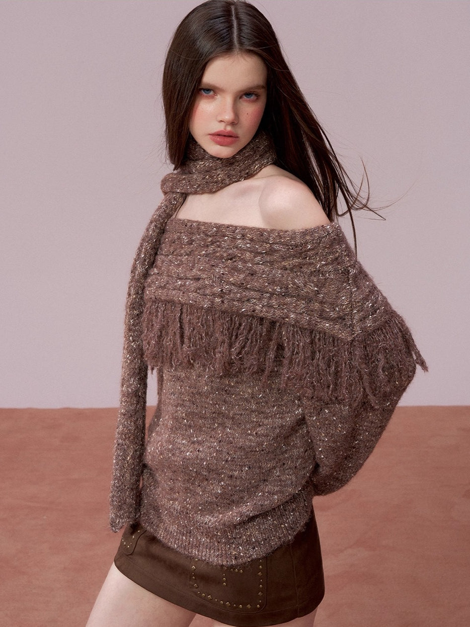 Fringed Off-shoulder Wool Sweater & Scarf Set