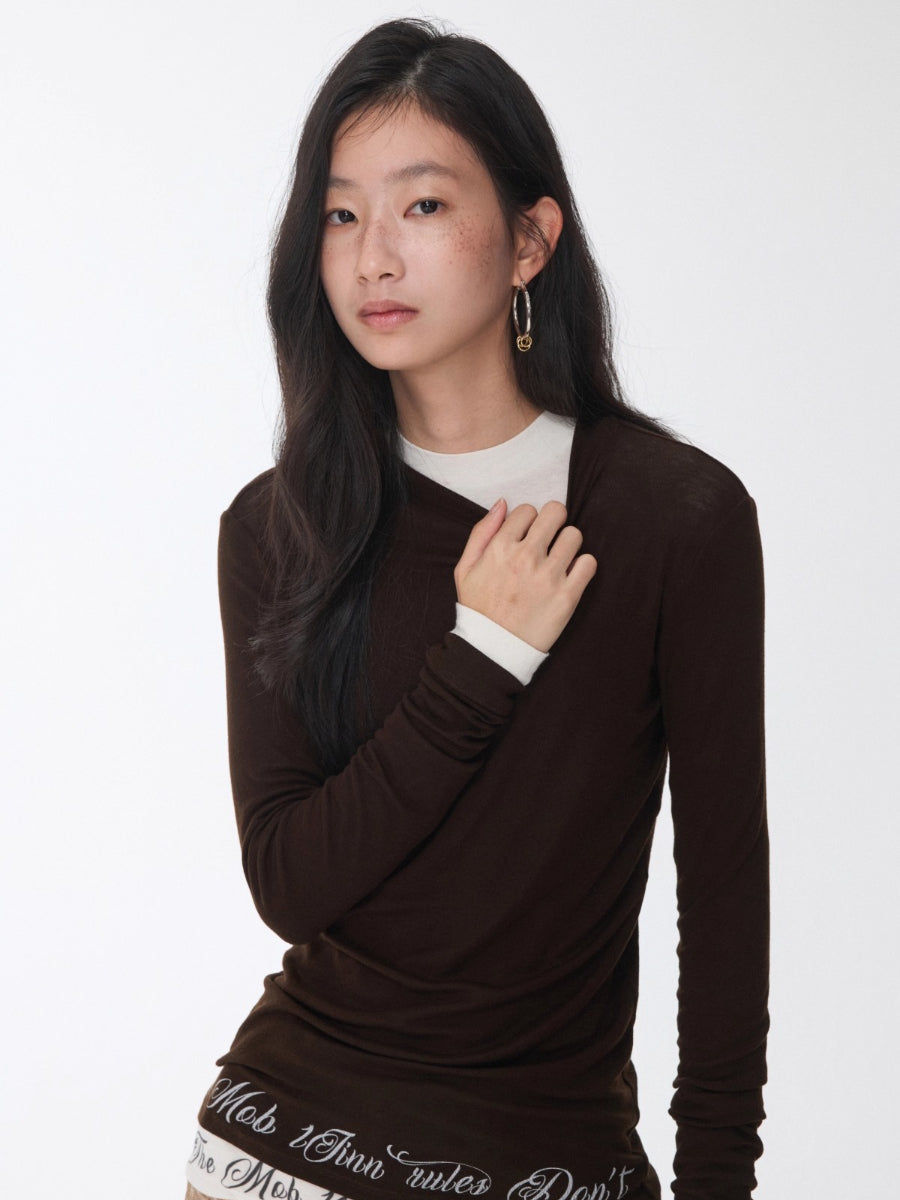 Basic Letter Print Semi-Sheer Long Sleeve Tee