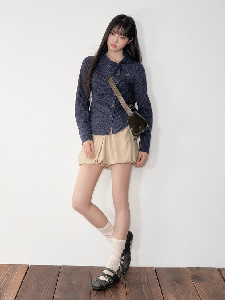 Navy Blue Plaid Lapel Collar Shirt