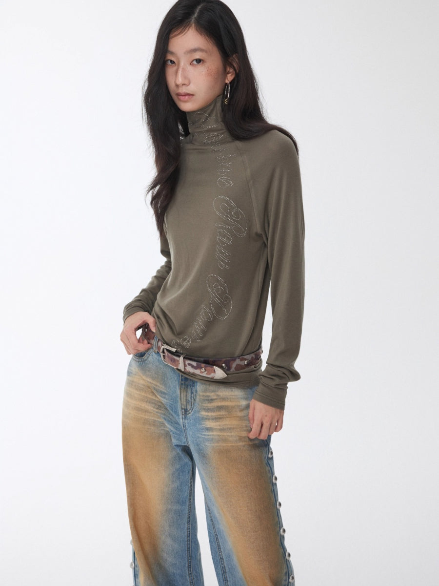 Rhinestone High Neck Raglan Knit Top