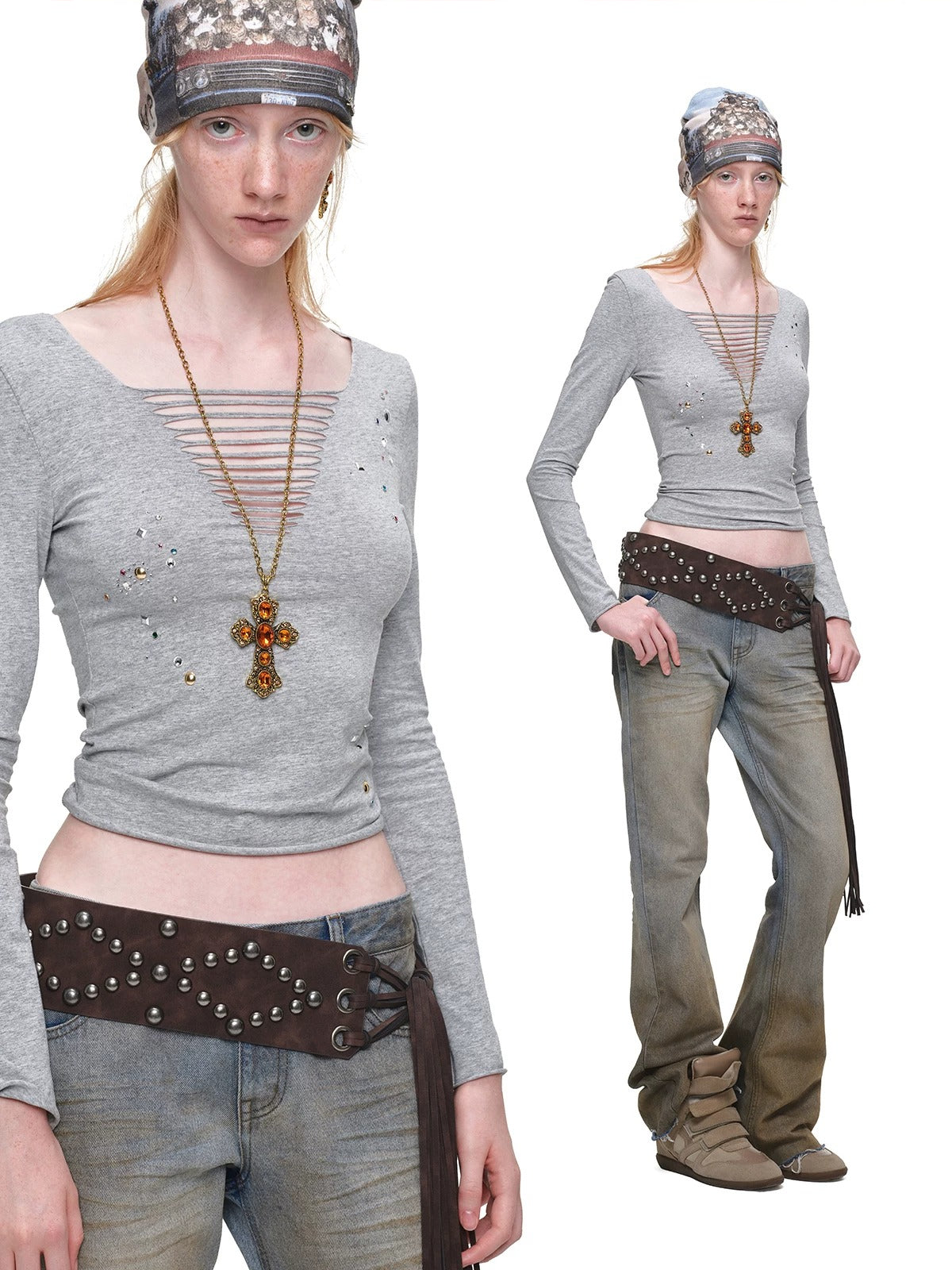 Rhinestone Cutout V-Neck Long Sleeve Top