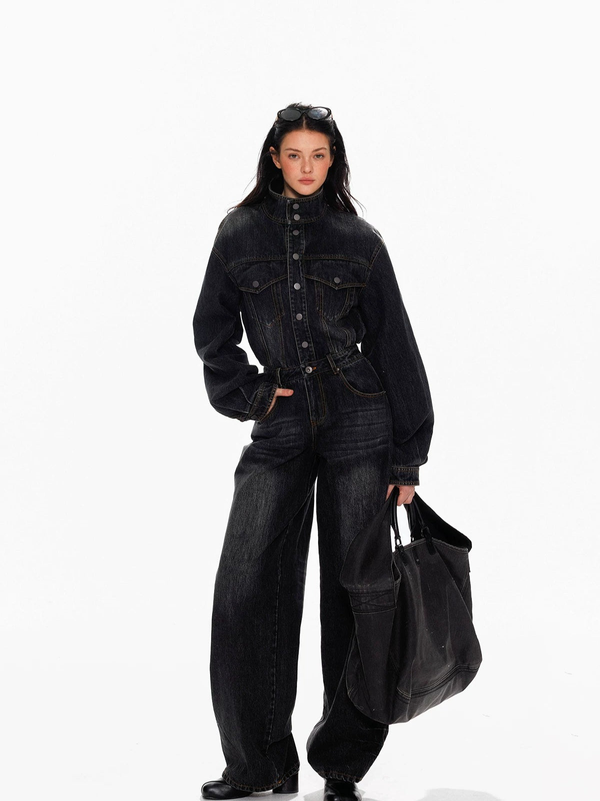 Vintage Washed Denim Wide Leg Jumpsuit
