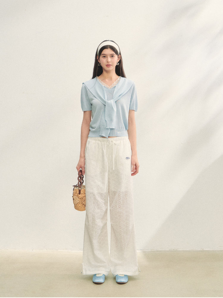 Hollow Embroidery Tie-up Casual Pants