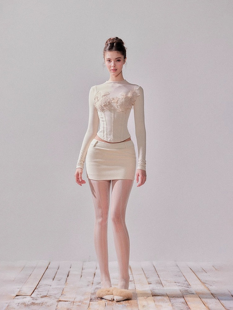 Brushed Slim Fit Knit Lace Base Top & Skirt Set