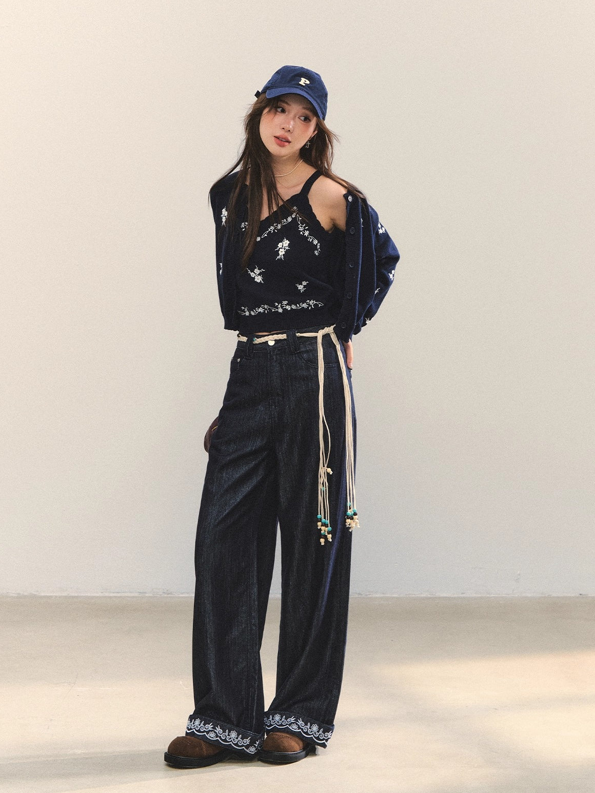 Navy Blue Boho Embroidered Belted Jeans