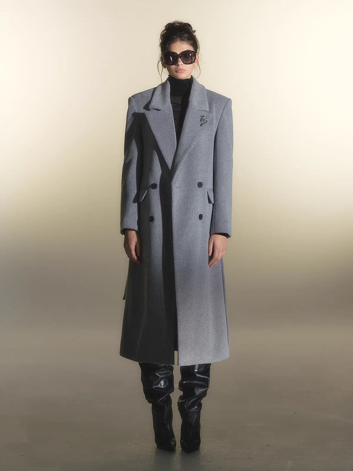 Grey Belted Oversized Wool Coat