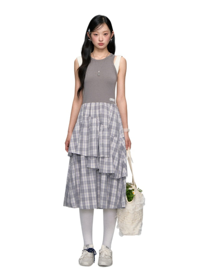 Plaid Asymmetric Sleeveless Vest Dress
