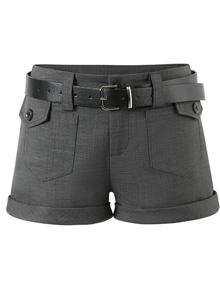 Grey Patch-Pocket Low Waist Suit Shorts