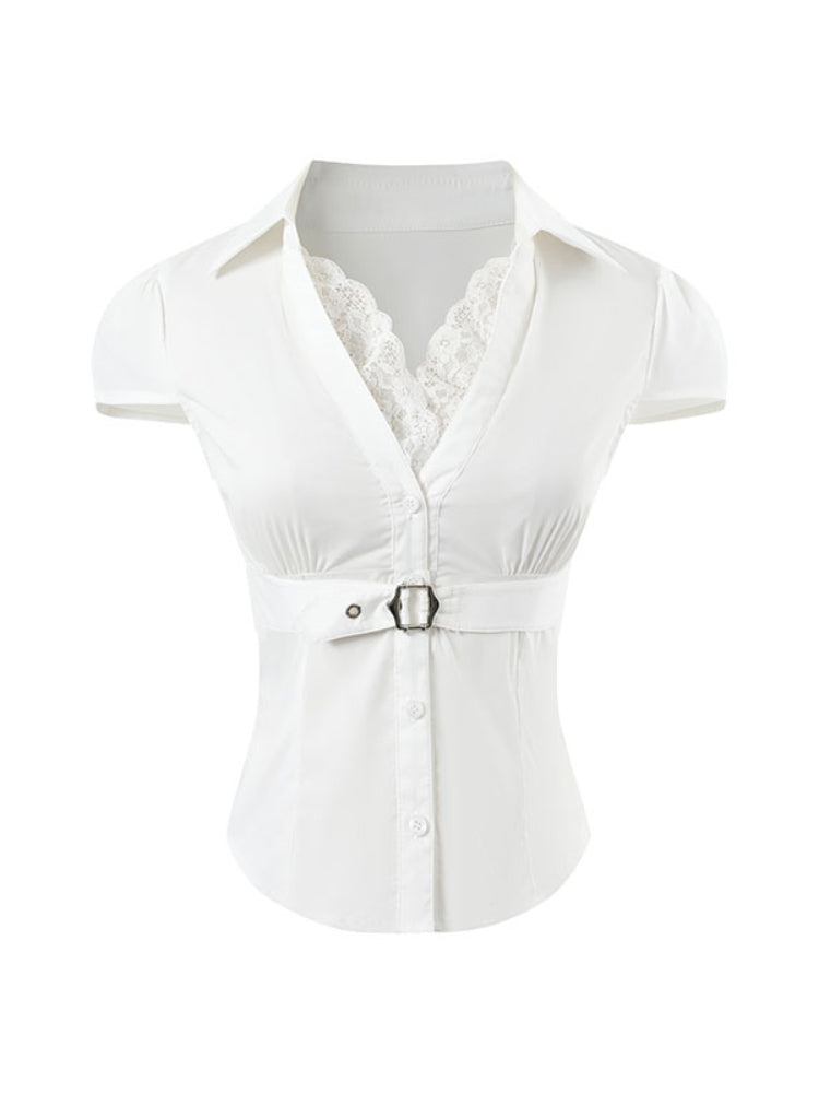 Waist Lace V - neck Shirt