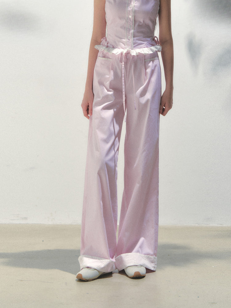 Vertical Striped Drawstring Waist Pink - Blue Pants