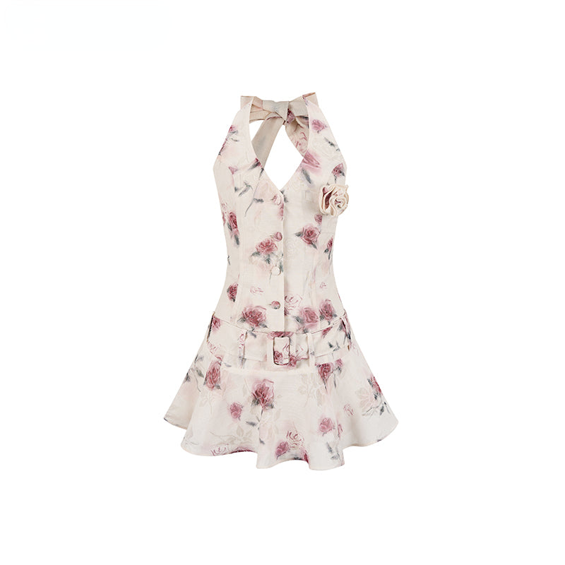 Apricot & Light Green Printed Halter Dress