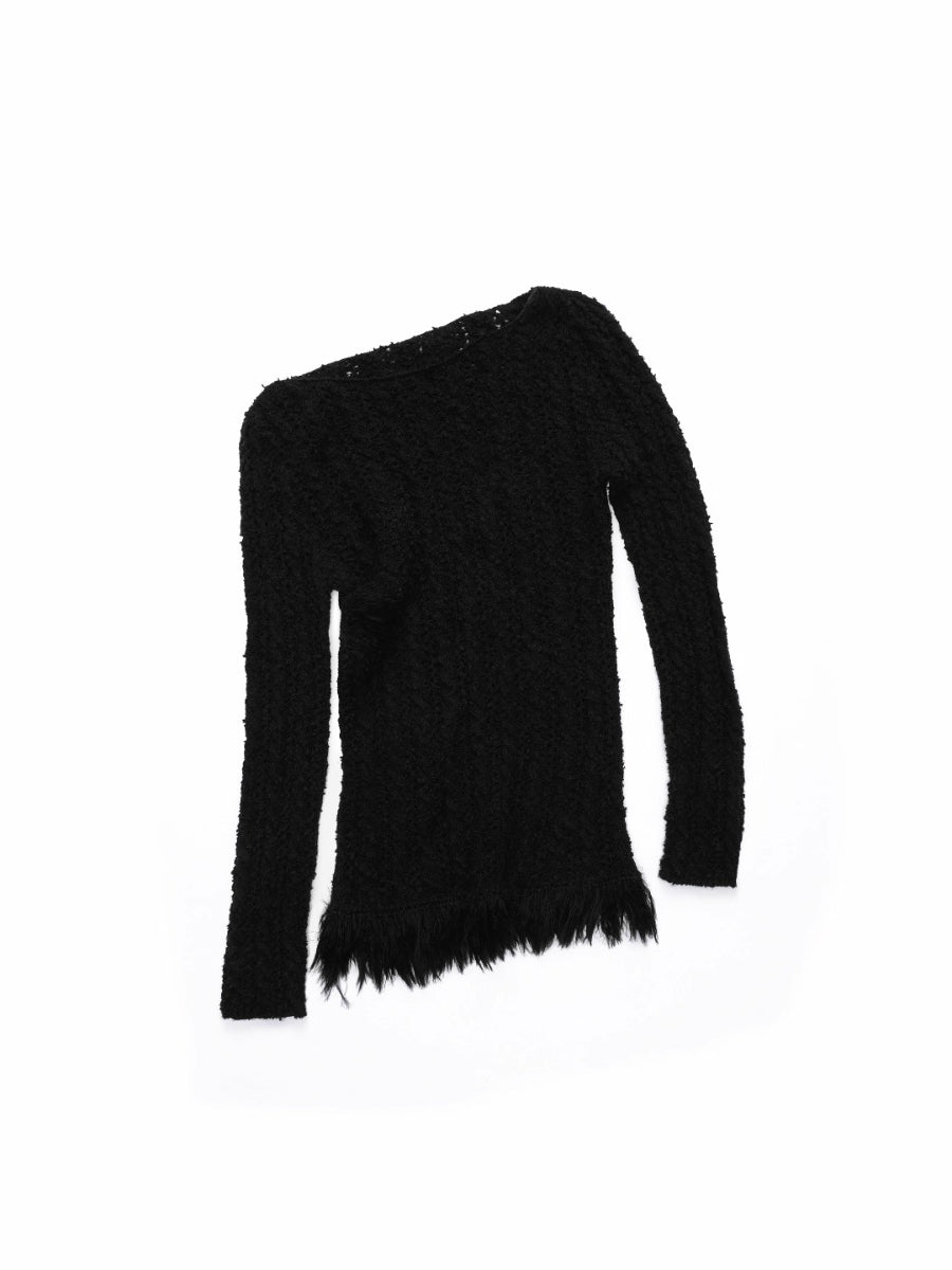 Cable Knit Faux-Fur Trim Fitted Sweater