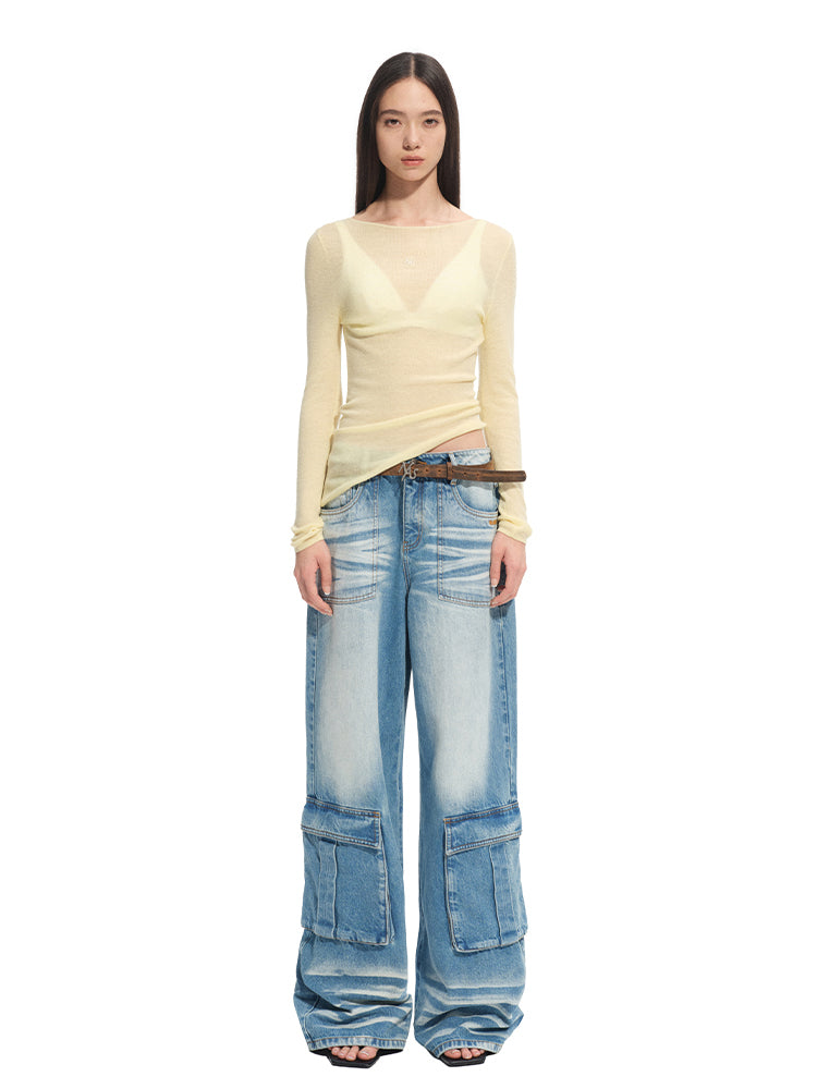 Washed Twill Denim Whisker Wide-leg Jeans