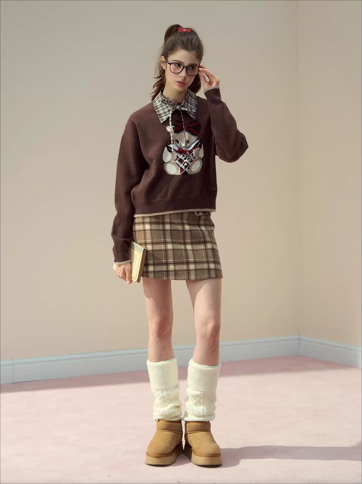 Pink & Brown Plaid A-line Wool Skirt
