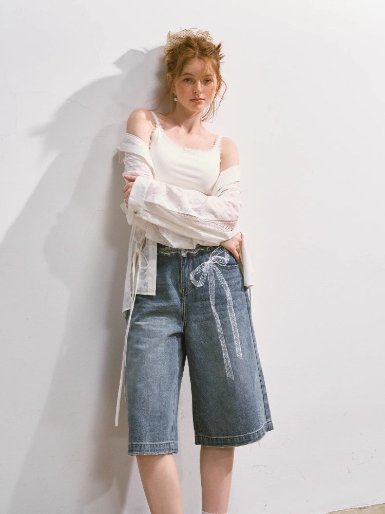 Imitation-Lace Printed High-Waist Denim Mid-Length Pants