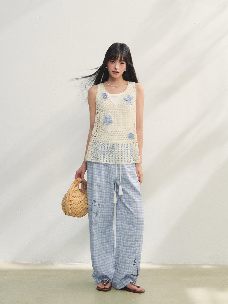Checkered Print High-Waist Tie Pants