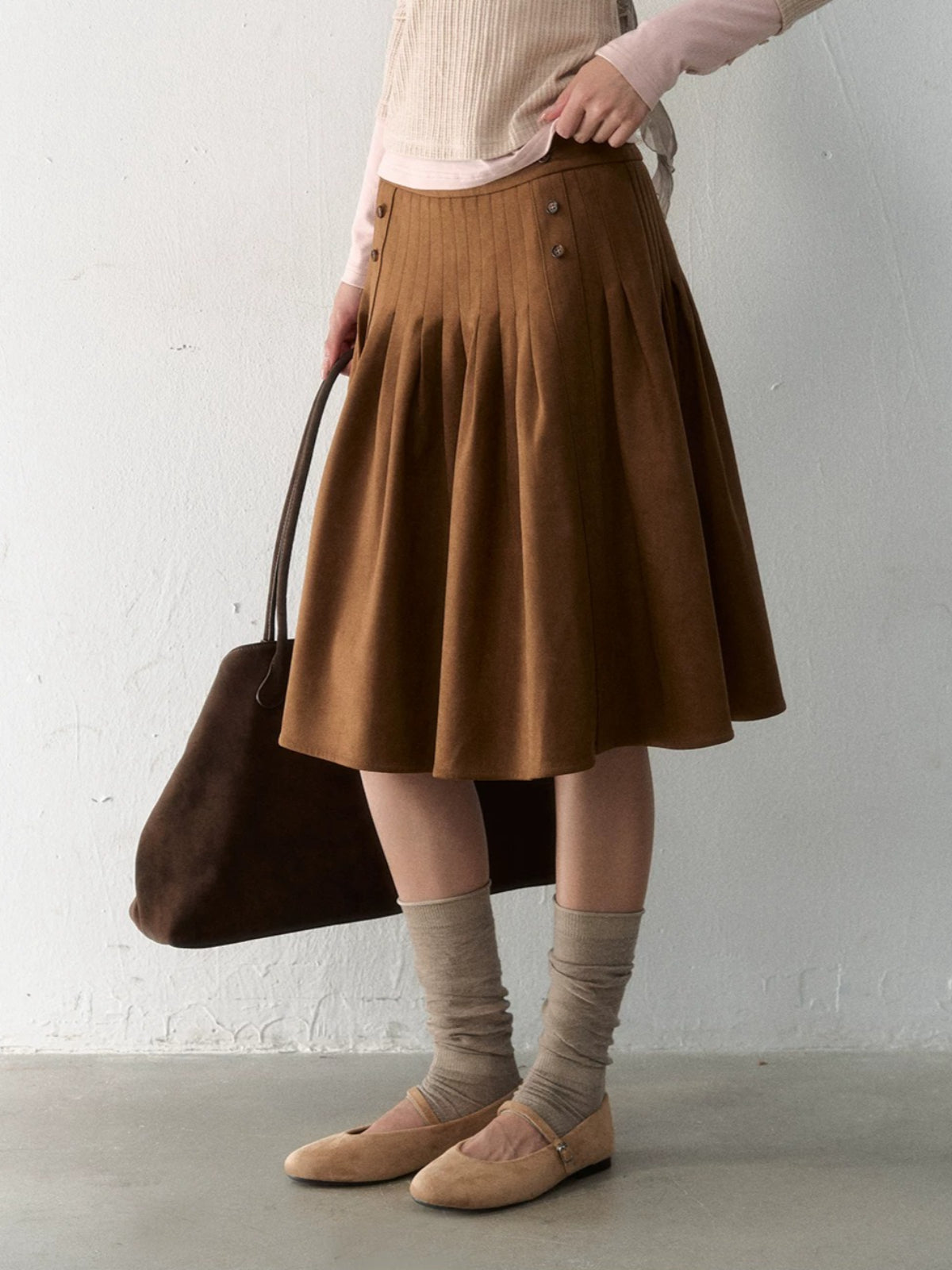 Side-Button Faux Suede Pleated Skirt