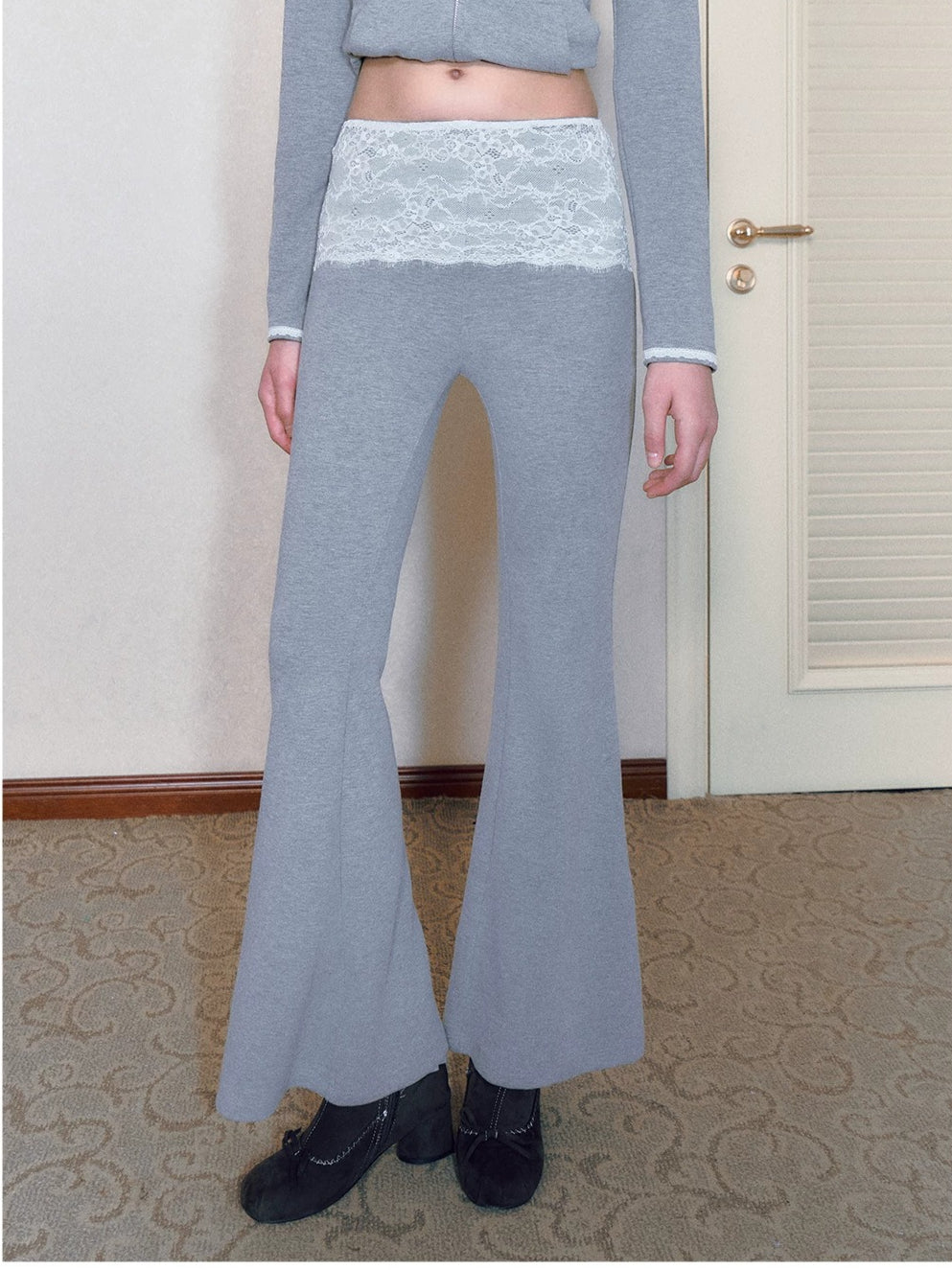 Gray Lace Panel Flared Pants