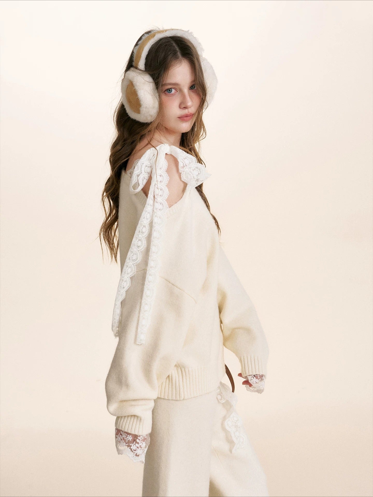 Gray & Apricot Lace-Tie Knit Set