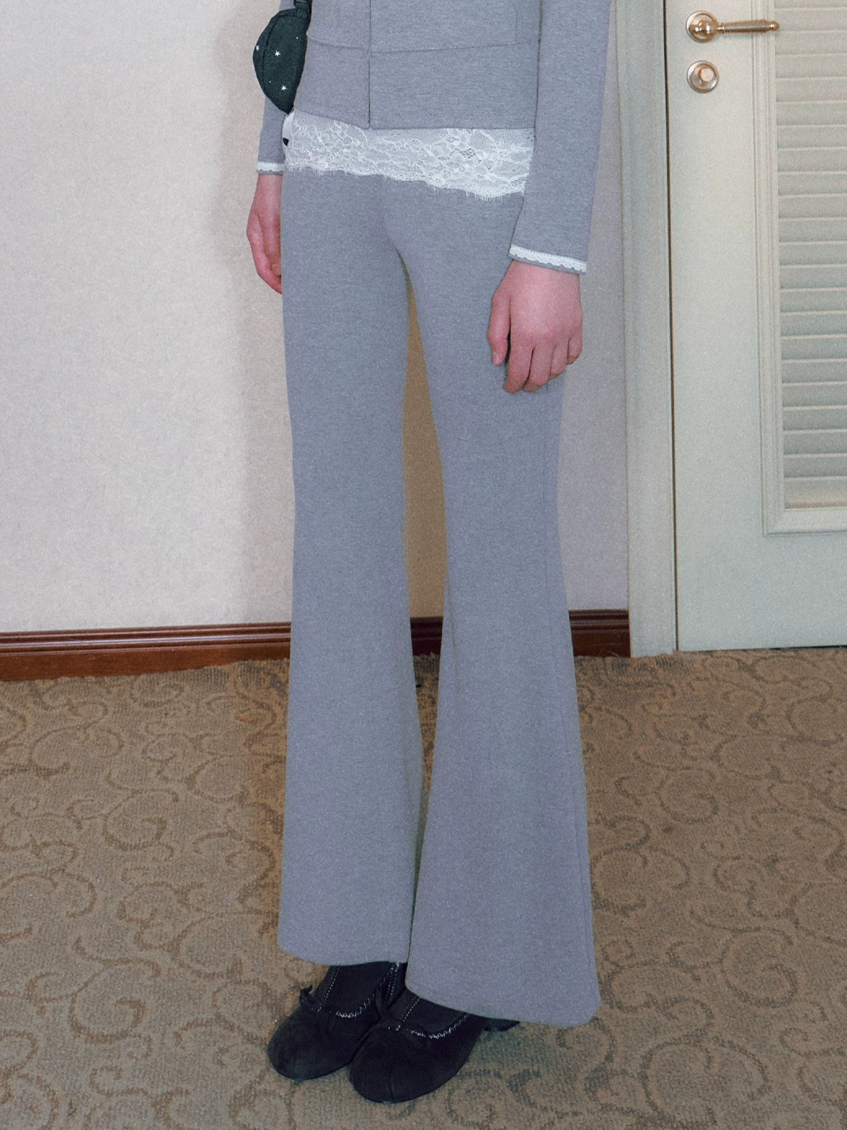 Gray Lace Panel Flared Pants