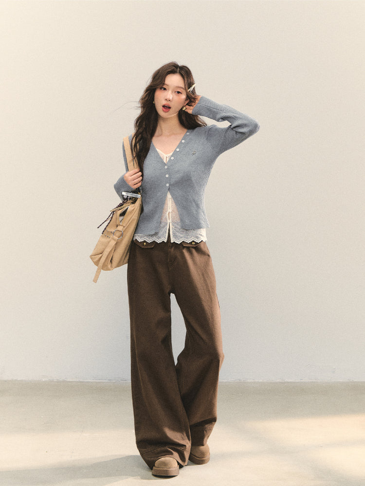 Lace Tie Fake Two-Piece Knitted Cardigan