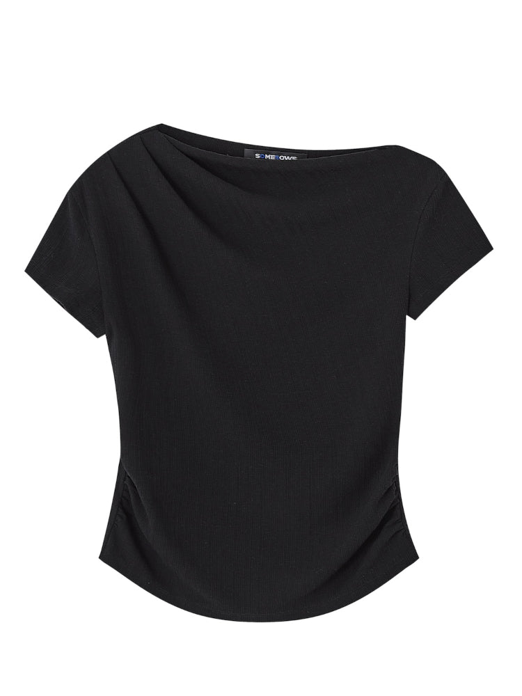 One Shoulder Irregular Slanted Pleat T-shirt & Pants Set