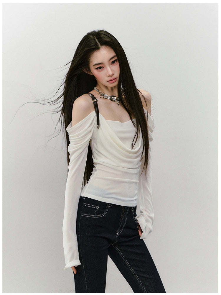 Draped Neck Leather Strap Acetate One-shoulder T-shirt