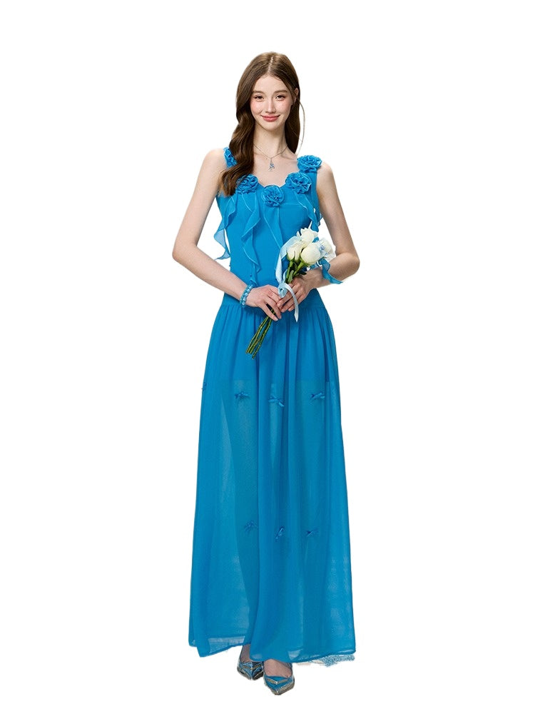 Blue Floral Ruffle Fitted Dress