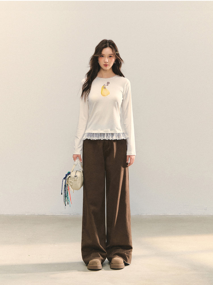 Fruit Print Lace-spliced T-Shirt