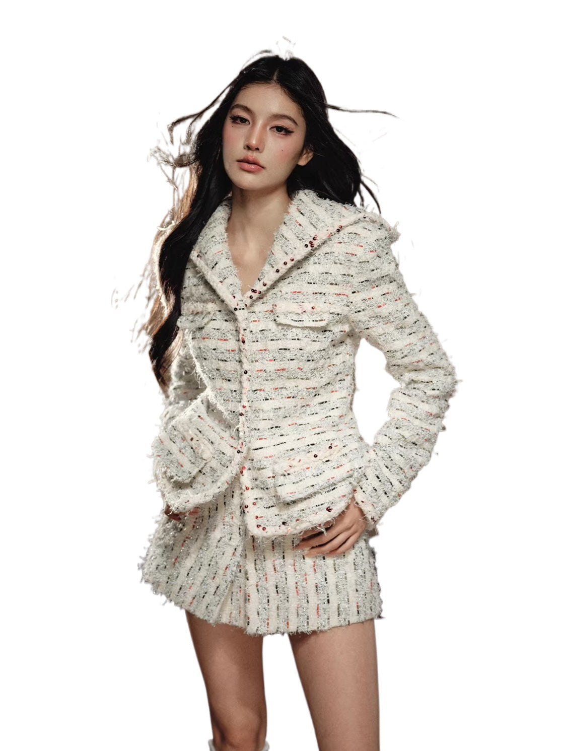 Beige Textured Cropped Jacket & Skirt Set
