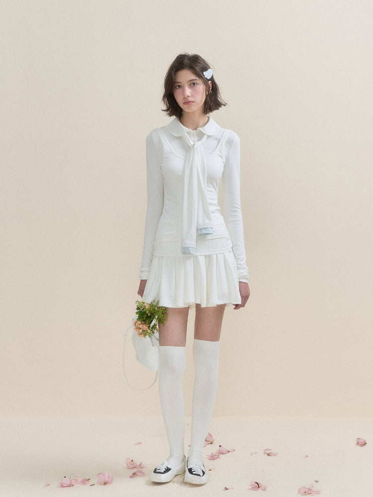 White & Blue Collared Knit Top & Skirt Set