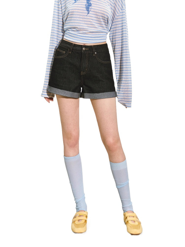 Washed Rolled Denim Shorts