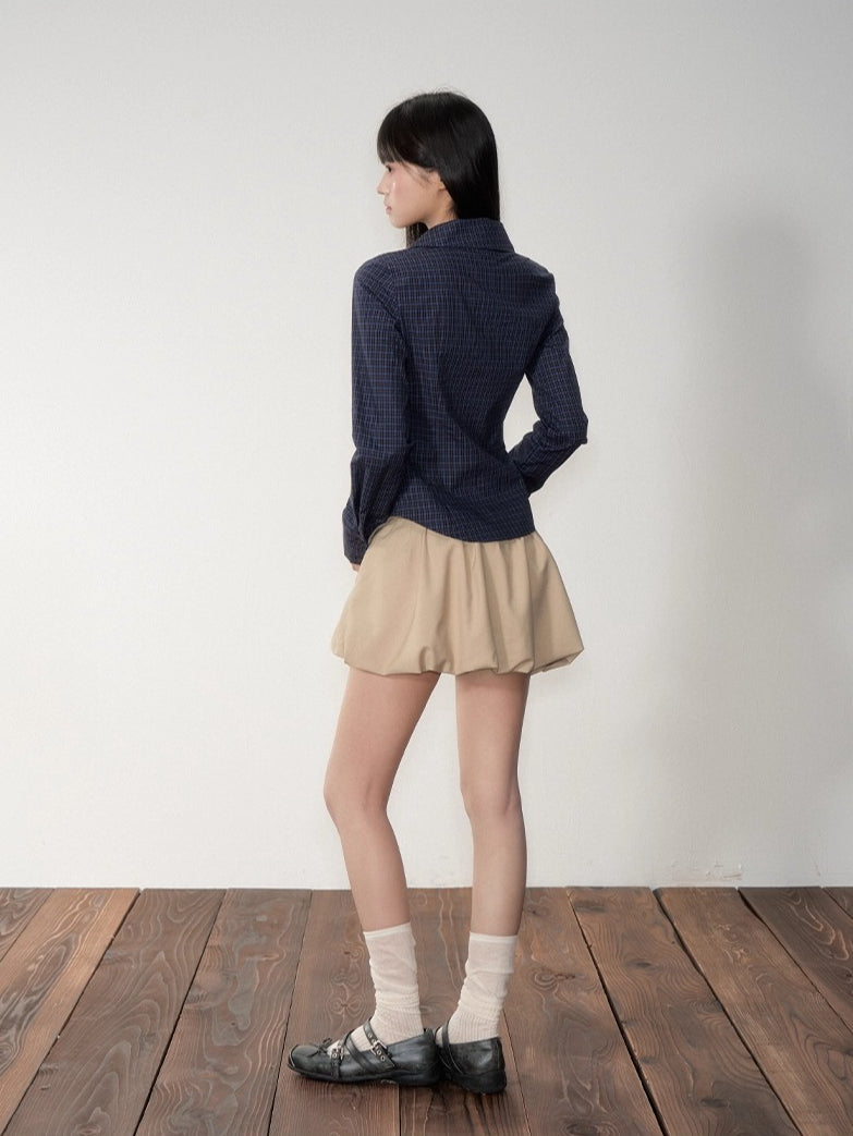 Navy Blue Plaid Lapel Collar Shirt