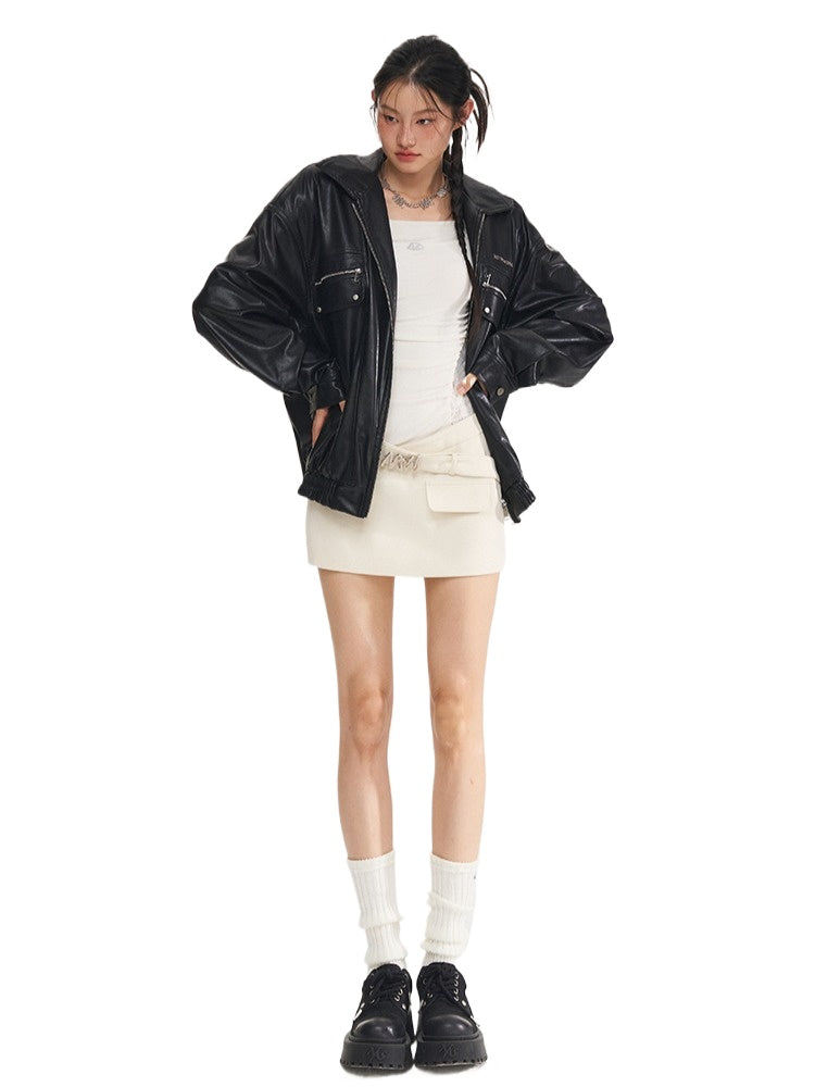 Black & White Vintage Silhouette Collar Moto Jacket